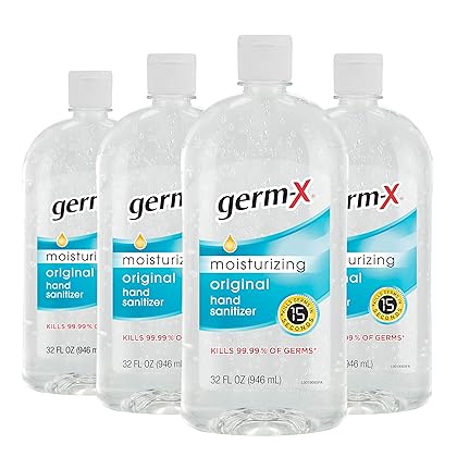 Germ-X Original Hand Sanitizer, Back to School Supplies, Non-Drying Moisturizing Gel with Vitamin E, Instant and No Rinse Formula, Large Family-Size Flip Top Bottle, 32 Fl Oz (Pack of 4)