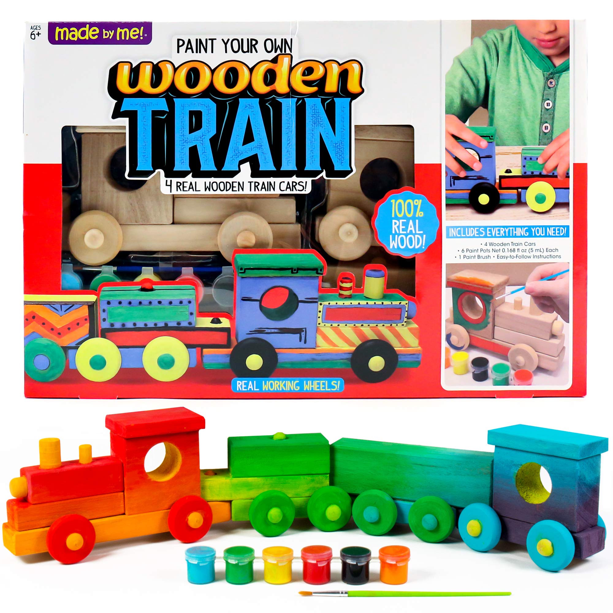 Made By Me Build & Paint Your Own Wooden Train, DIY Wood Trains Craft, Easy To Assemble & Paint 4 Train Cars, Great Car Party or Weekend Activity Toys, Arts & Crafts Kit for Kids Ages 6, 7, 8, 9, 10