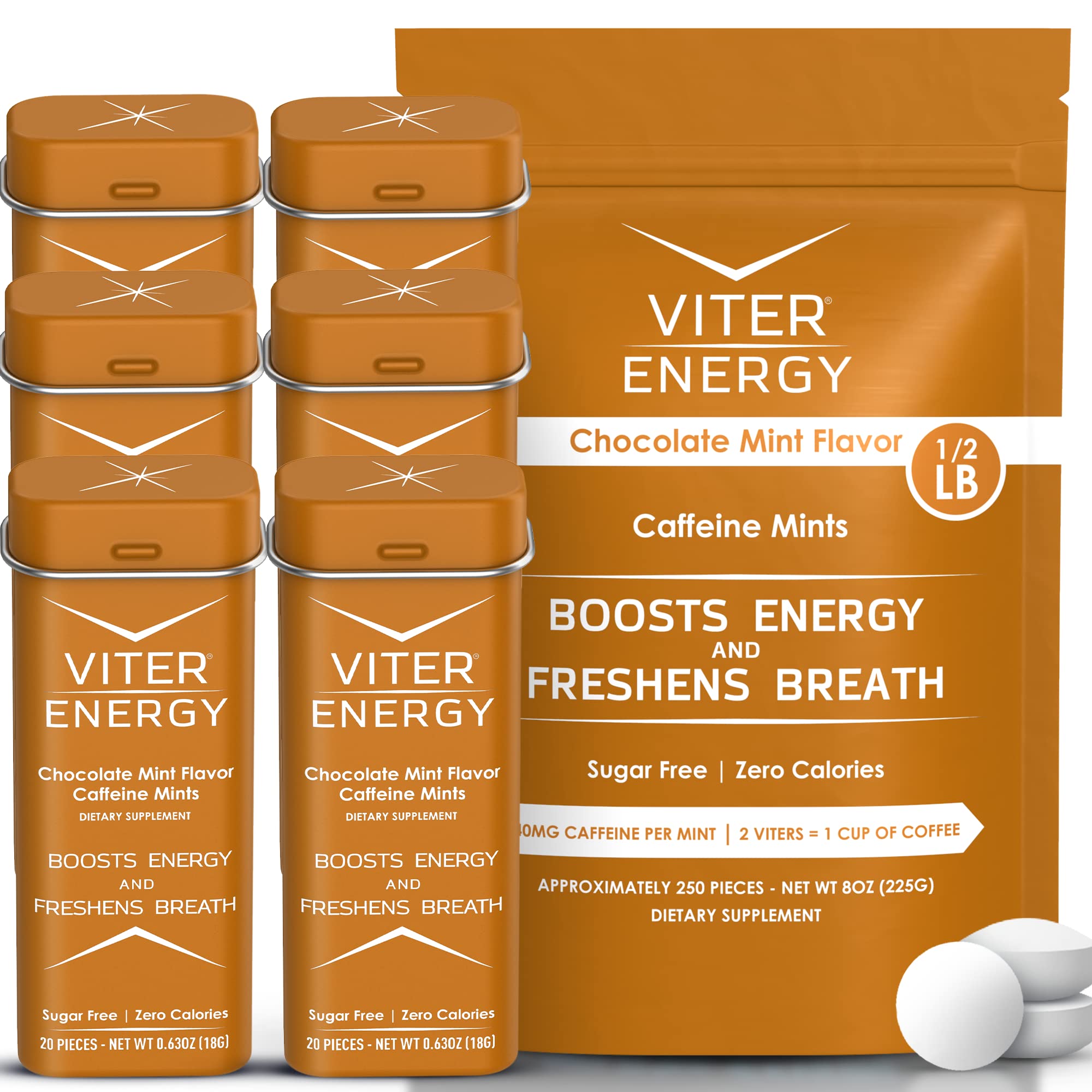 Viter Energy Original Caffeine Mints Chocolate Mint Flavor 6 Pack and 1/2 Pound Bulk Bag Bundle - 40mg Caffeine, B Vitamins, Sugar Free, Vegan, Powerful Energy Booster for Focus and Alertness