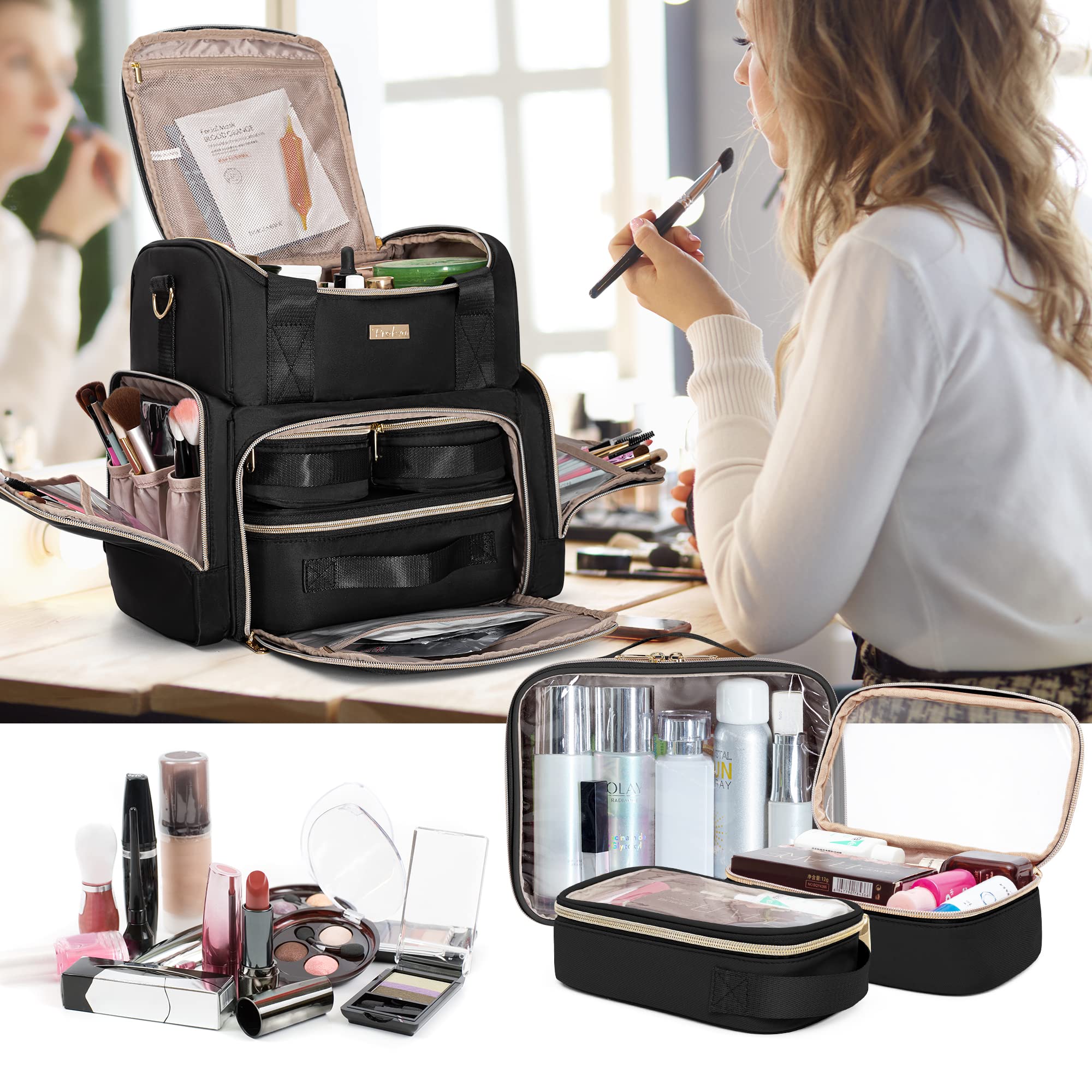 Prokva Large Makeup Cosmetic Bag with 3 Removable Case, Double Layer Travel Makeup Organizer Case with Inner Dividers and Makeup Brushes Storage Section, Black (Patented Design)