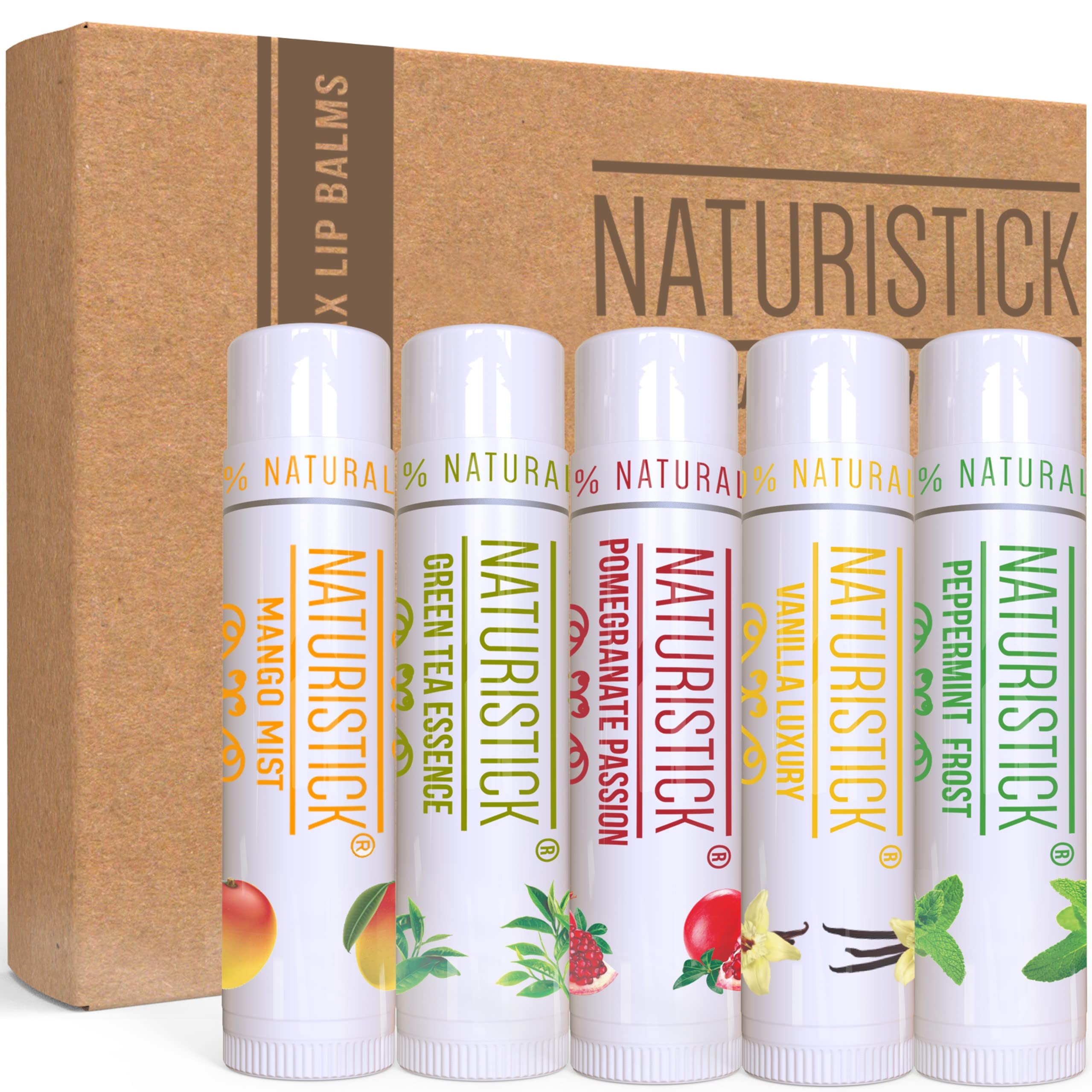 5-Pack Lip Balm Gift Set by Naturistick. Assorted Flavors. 100% Natural Ingredients. Best Beeswax Chapsticks for Dry, Chapped Lips. Made in USA for Men, Women and Children