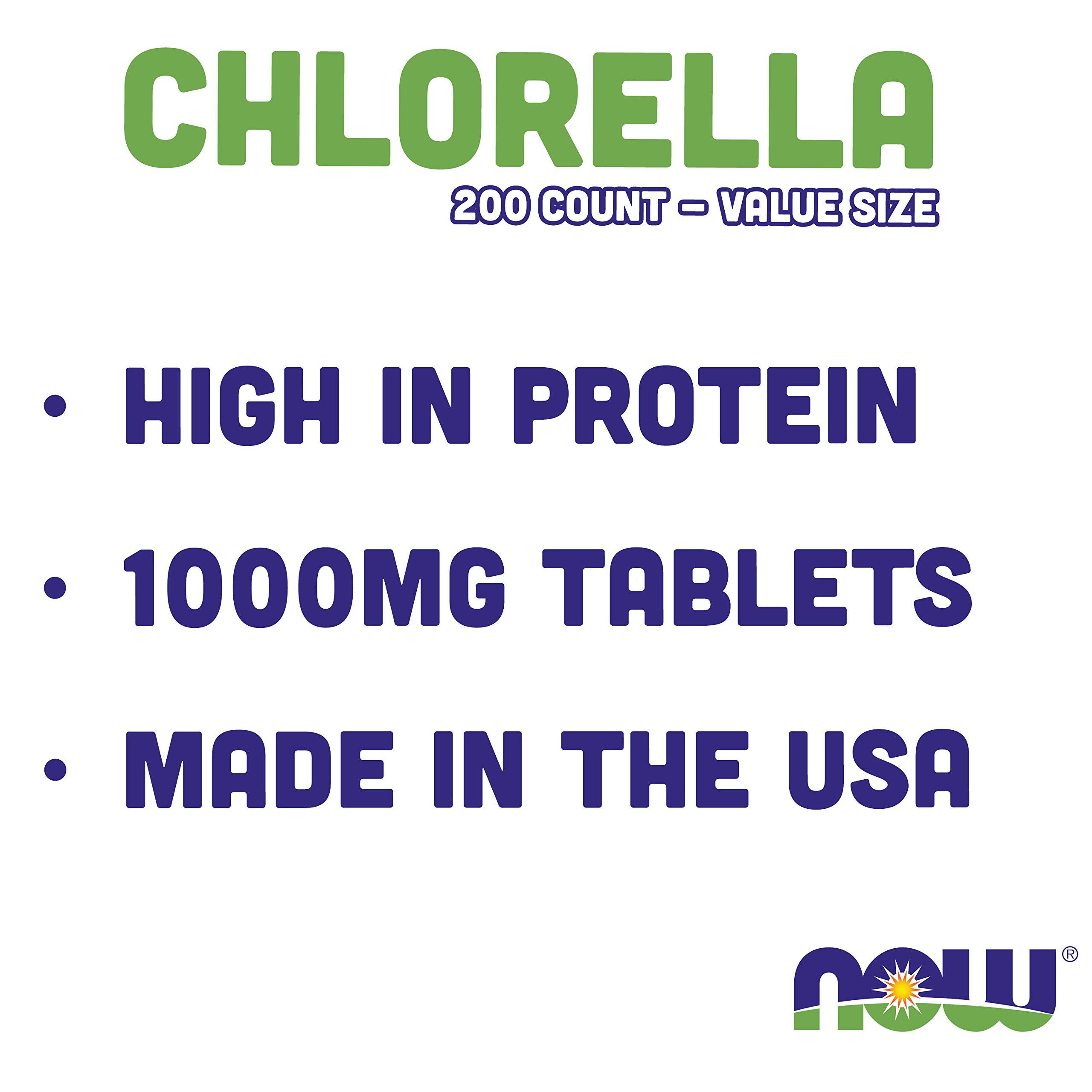 Now Chlorella Tablets,1000mg, 200 Tabs - Premium, Non-GMO Microalgae - Green Superfood Supplement