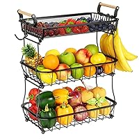 3 Tier Fruit Basket Bowl with 2 Banana Hangers for Kitchen Counter, Vegetable Countertop Produce Storage Holder, Large Capacity Metal Wire Fruits Stand Organizer for Onion Potato Bread Snack, Black