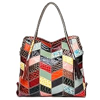 Women’s Multicolor Boston Bag Genuine Leather Colorful Large Tote Handbag Purse