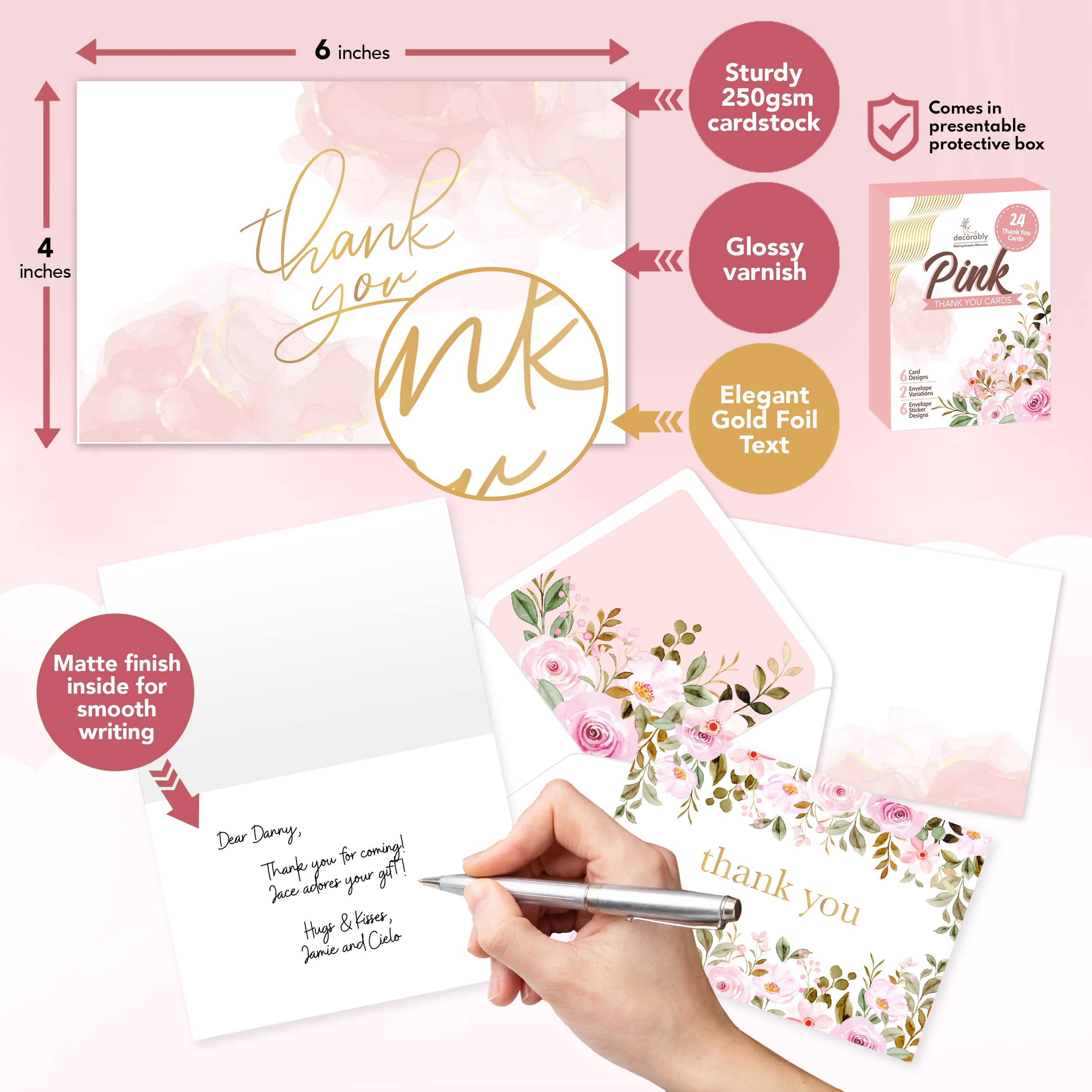 24 Gold-Foiled Pink Thank You Cards with Envelopes - 6 Designs Thank You Cards Pink and Gold, Pink Flower Thank You Cards for Baby Shower Thank You Cards Girl, Floral Thank You Cards with Envelopes