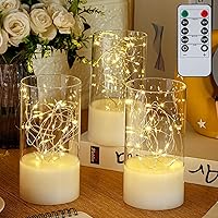 3 Pcs 2.95 x 5.91 Inch Flickering Flameless Candles with Remote (Not Include Battery) Embedded Twinkle String Lights White LED Candles for Wedding Home, 8 Mode Lights (Clear)