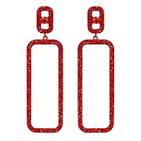 Long Huge Crystal Rhinestone Red Rectangle Hoop Drop Dangle Earrings for Christmas Gift Proms Party Jewelry