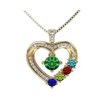 Central Diamond Center Mother & Child Heart Birthstone Necklace w/ 1-6 Simulated Gemstones in Sterling Silver, 10K, or 14K Gold