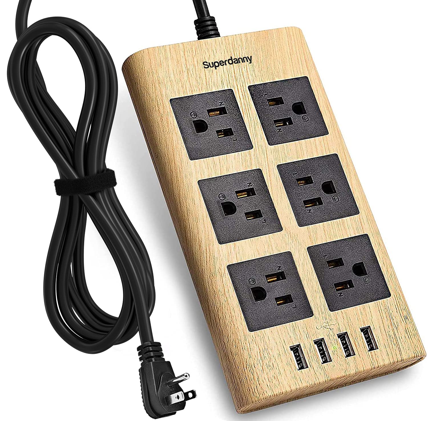 Power Strip Surge Protector, SUPERDANNY 10Ft Heavy Duty Extension Cord with 6 Outlets and 4 USB Ports(1875W/15A), Flat Plug, Universal Voltage 110-240V for Home Office Dorm, Light Wood Grain