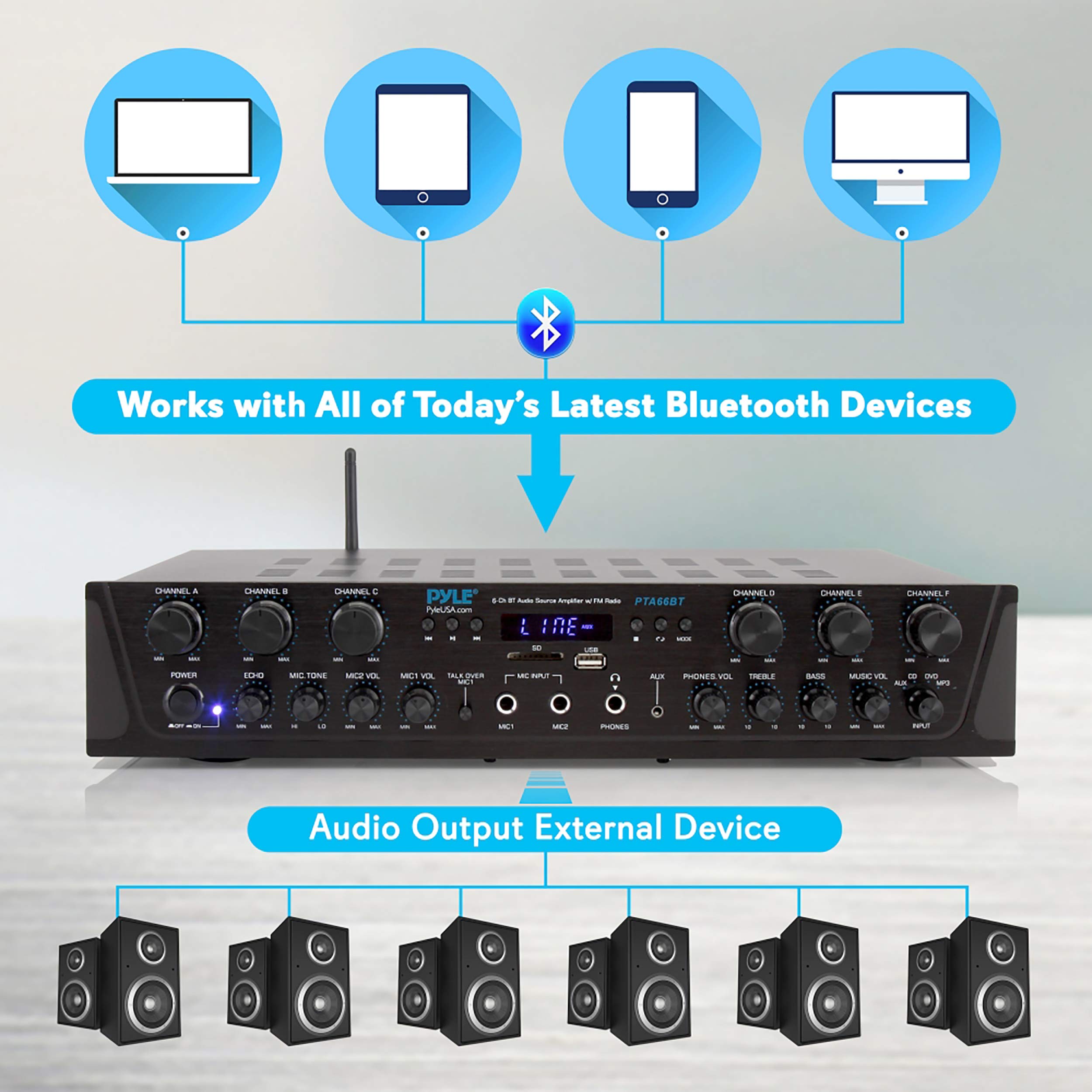 Pyle Wireless Home Audio Amplifier System-Bluetooth Compatible Sound Stereo Receiver Amp - 6 Channel 600Watt Power, Digital LCD, Headphone Jack, 1/4'' Microphone in USB SD AUX RCA FM Radio-PTA66BT.5