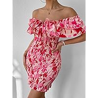 Women's Dress Allover Print Off Shoulder Shirred Ruffle Trim Dress (Color : Pink, Size : Large)
