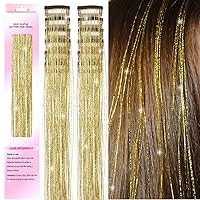 Hair Tinsel Clip in 12Pcs Gold Tinsel Hair Glitter Tinsel Hair Extensions Clip in Hair Tinsel Fairy Hair Tinsel Heat Resistant Sparkly Hair Accessories for Girls Women Kids (12Pcs GOLDEN)