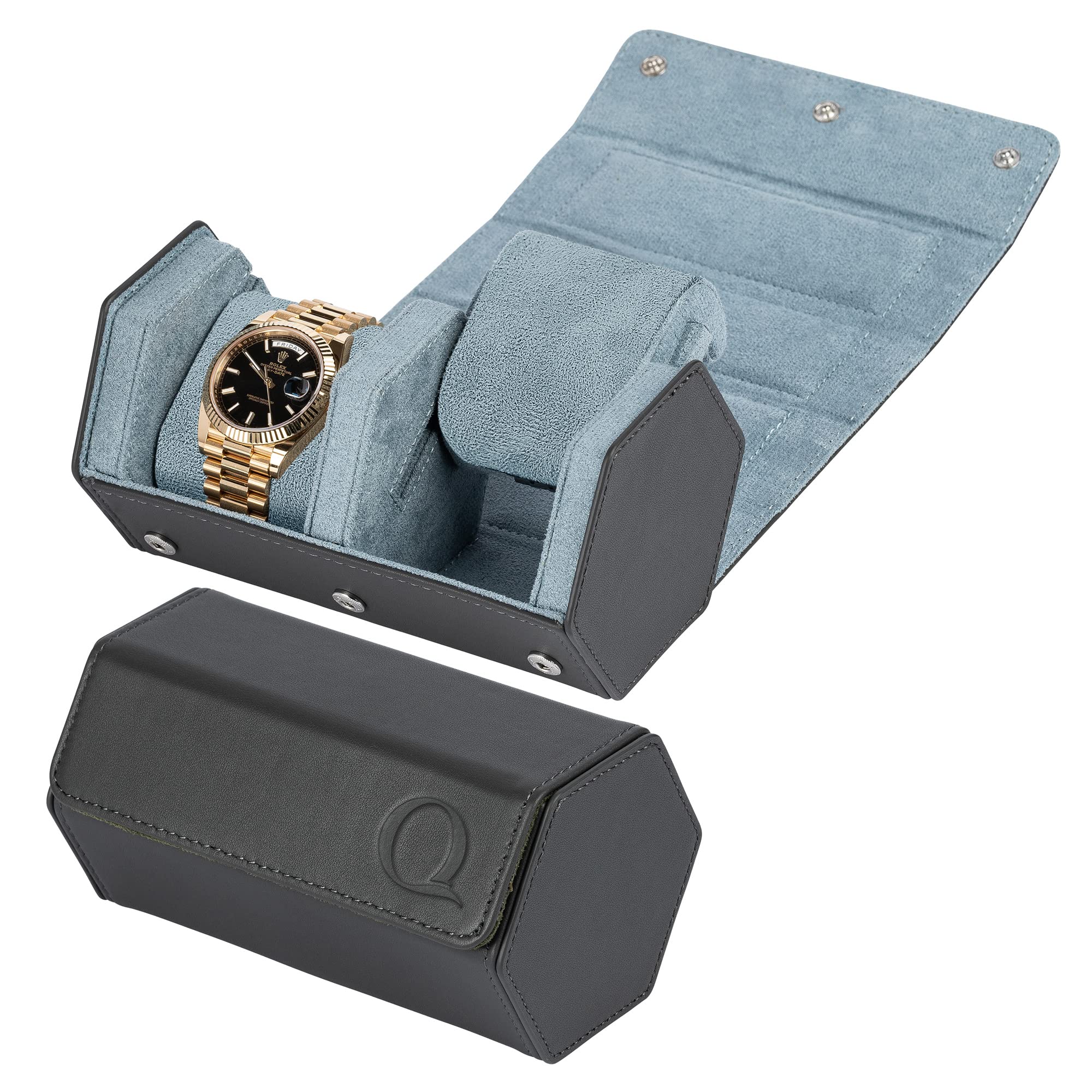 QWATCHBANDS Dual Leather Travel Watch Roll Case + Leather Travel Watch Pouch (Grey/Sky Blue)