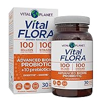 Vital Planet - Vital Flora Advanced Biome Probiotic 100 Billion CFU, 100 Diverse Strains, 10 Organic Prebiotics, Immune Support, Colon and Digestive Health Probiotics for Women and Men 30 Capsules