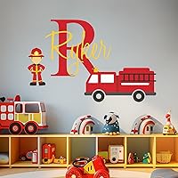 CRYPTONITE Personalized Name & Initial Firetruck Wall Decals for Kids Rooms I Baby Boy Nursery Decor I Toddler Boy Room Decor Firetruck I Firetruck Birthday Decorations (Wide 30
