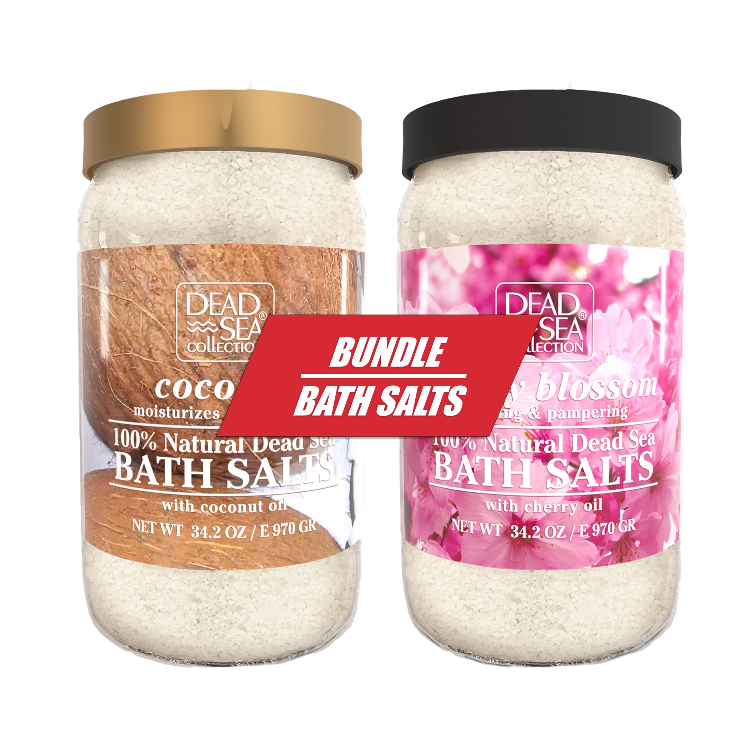 Dead Sea Collection Bath Salts Enriched 2pc - Cherry Blossom - Coconut -Natural Salt for Bath -2 x Large 34.2 OZ. - Nourishing Essential Body Care for Soothing and Relaxing Your Skin and Muscle
