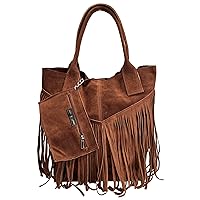 Ladies Genuine Suede Leather Fringe Shopper Bag Plus Same Colour Jewellery Pouch - Handbag - Shoulder Bag (Bright Brown), brown