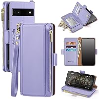 Antsturdy Google Pixel 6a case Wallet with Card Holder for Women Men,Google Pixel 6a Phone case RFID Blocking PU Leather Flip Shockproof Cover with Strap Zipper Credit Card Slots,Light Purple