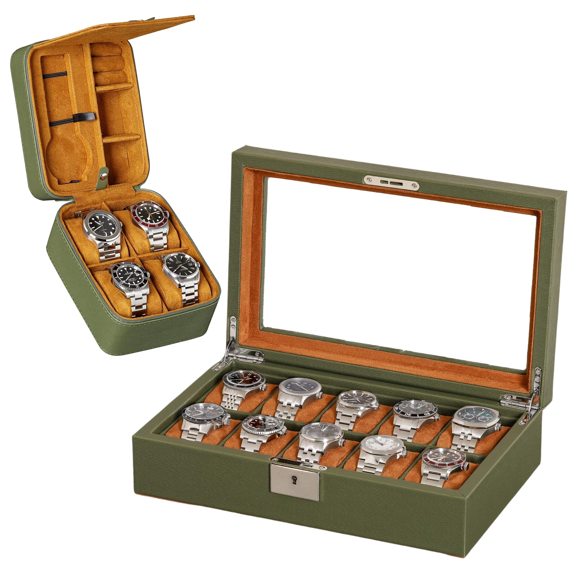 ROTHWELL Gift Set 10 Slot Leather Watch Box & Matching 5 Watch Travel Case - Luxury Watch Case Display Organizer, Locking Mens Jewelry Watches Holder, Men's Storage Boxes Glass Top Green/Tan