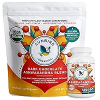 Ashwagandha Chocolate Powder Drink and Pill Capsule Bundle: 1200 mg Vegan Capsules + Dark Chocolate Superfood Drink and Smoothie Mix. 30-Day Supply, Made in USA