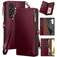 XcaseBar for Samsung Galaxy S24 5G Wallet case with Zipper Credit Card Holder RFID Blocking,Flip Folio Book PU Leather Shockproof Protective Cover Women Men Samsung S24 Phone case Wine Red