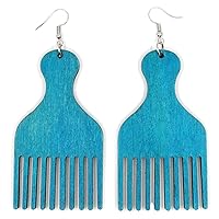 Afro Pick Hair Comb Black African American Multicolored Wood Women Fashion Dangle Earrings