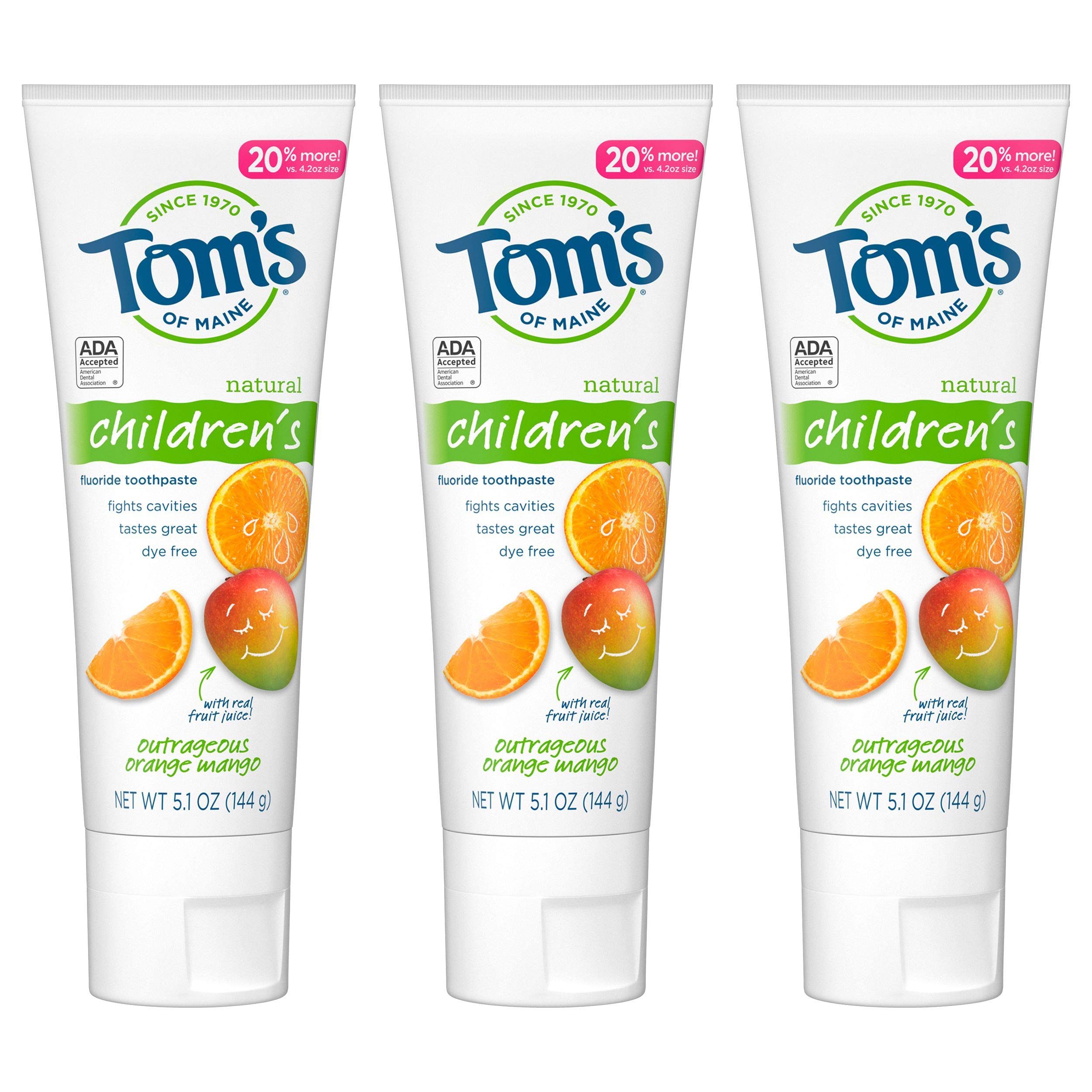 Tom's of Maine ADA Approved Fluoride Children's Toothpaste, Natural Toothpaste, Dye Free, No Artificial Preservatives, Outrageous Orange Mango, 5.1 oz. 3-Pack (Packaging May Vary)