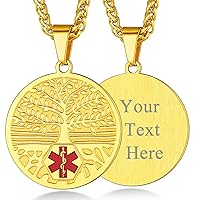 Custom4U Personalized Medical Alert Necklace for Men/Women Custom Made Engraved Emergency Med ID Dog Tag/Heart/Round Pendant Gold/Black/Stainless Steel with Chain 24 Inches