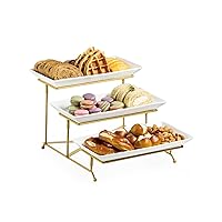 LAUCHUH 3 Tier Serving Stand Porcelain Serving Platter Tier Serving Trays with Collapsible Sturdier Rack, Serving Dishes and Platters for Mother's Day, Christmas, Entertaining, Gold, 12 Inch