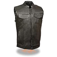 Mens Hidden Snap Open Neck Leather MC Vest, Black Size XL
