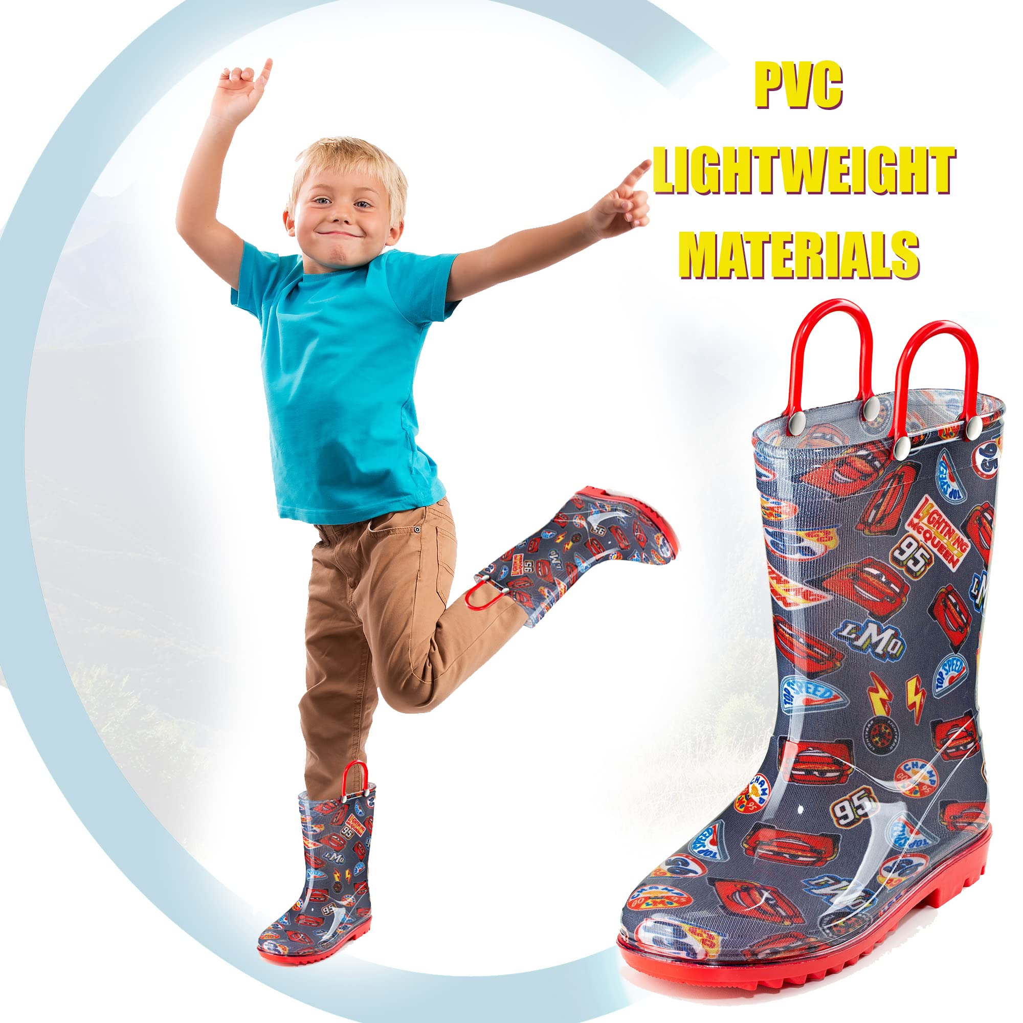 Disney Cars Lightening McQueen PVC Rainboots For Boys Easy-on Handles - Black Size Toddler and Little Kids