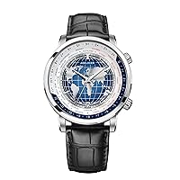 AGELOCER Blue Watches World Time Diamond Mechanical Calendar Luxury Waterproof Leather Watches for Men