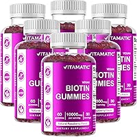 Vitamatic Biotin Gummies 10,000 mcg for Stronger Hair, Skin & Nails - 60 Vegan Gummies - Also Called Vitamin B7 (6 Bottles)