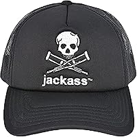 MTV Jackass Embroidered Skull and Crutches Logo Adjustable Cotton and Mesh Trucker Hat with Curved Brim, Black, One Size