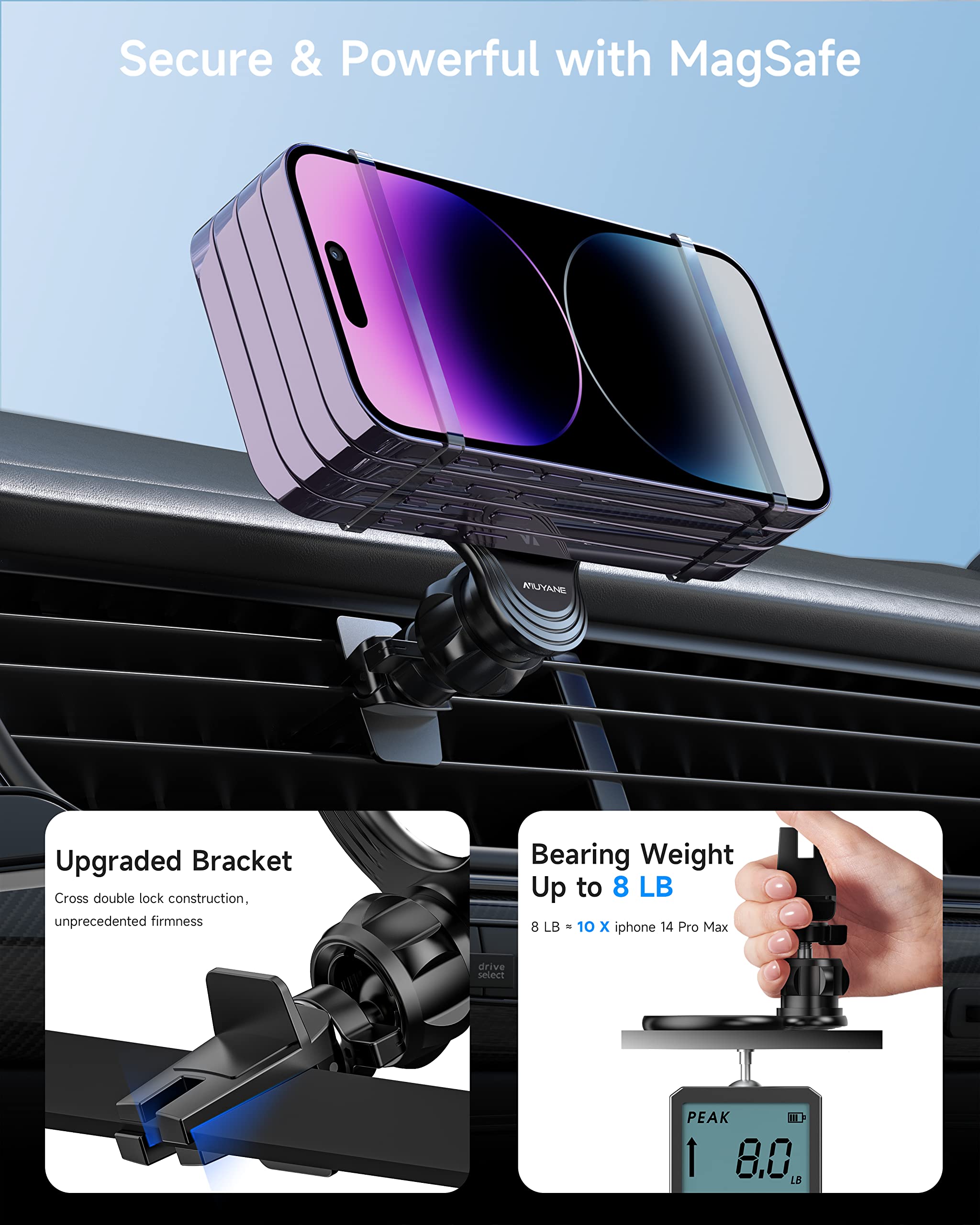 NIUYANE Compatible with Magsafe Car Mount, Magnetic Phone Holder [Strongest Magnets],2 in 1 Super Stable Dashboard & Air Vent Car Phone Mount Fit for iPhone 14/14 Pro/14 Max/13/13 Pro