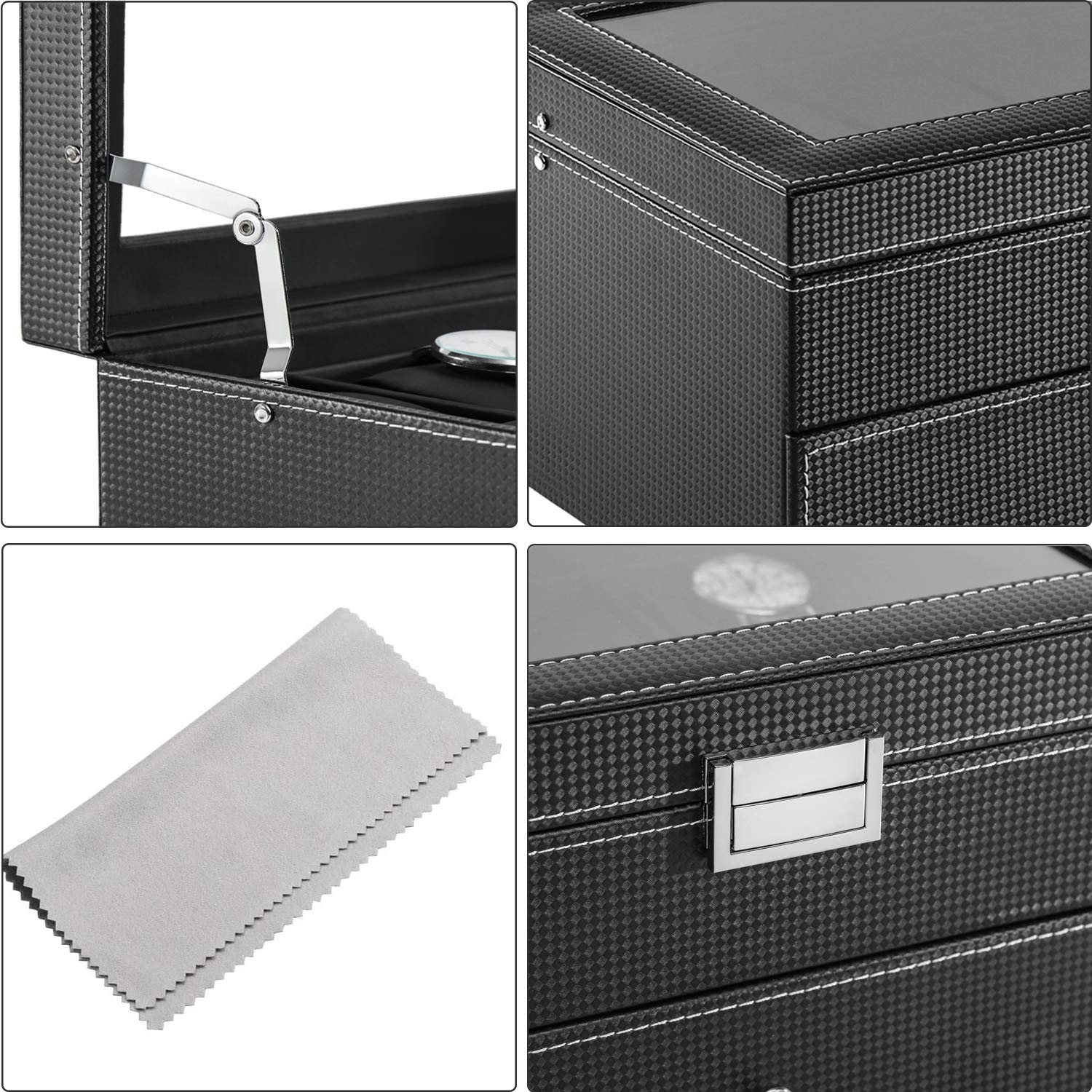 BASTUO Watch Box 20 Watch Display Organizer Storage Case Luxury Carbon Fiber Leather, Jewelry Collection Box for Men and Women, Black with Glass Top