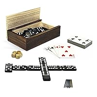 Cribbage Double 6 Dominoes Cards Wooden Dice 10-in-1 Game Combination Set in a Wooden Box with Sliding Lid