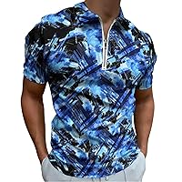 Abstract Blue Geometry Men's Zippered Polo Shirts Short Sleeve Golf T-Shirt Regular Fit Casual Tees