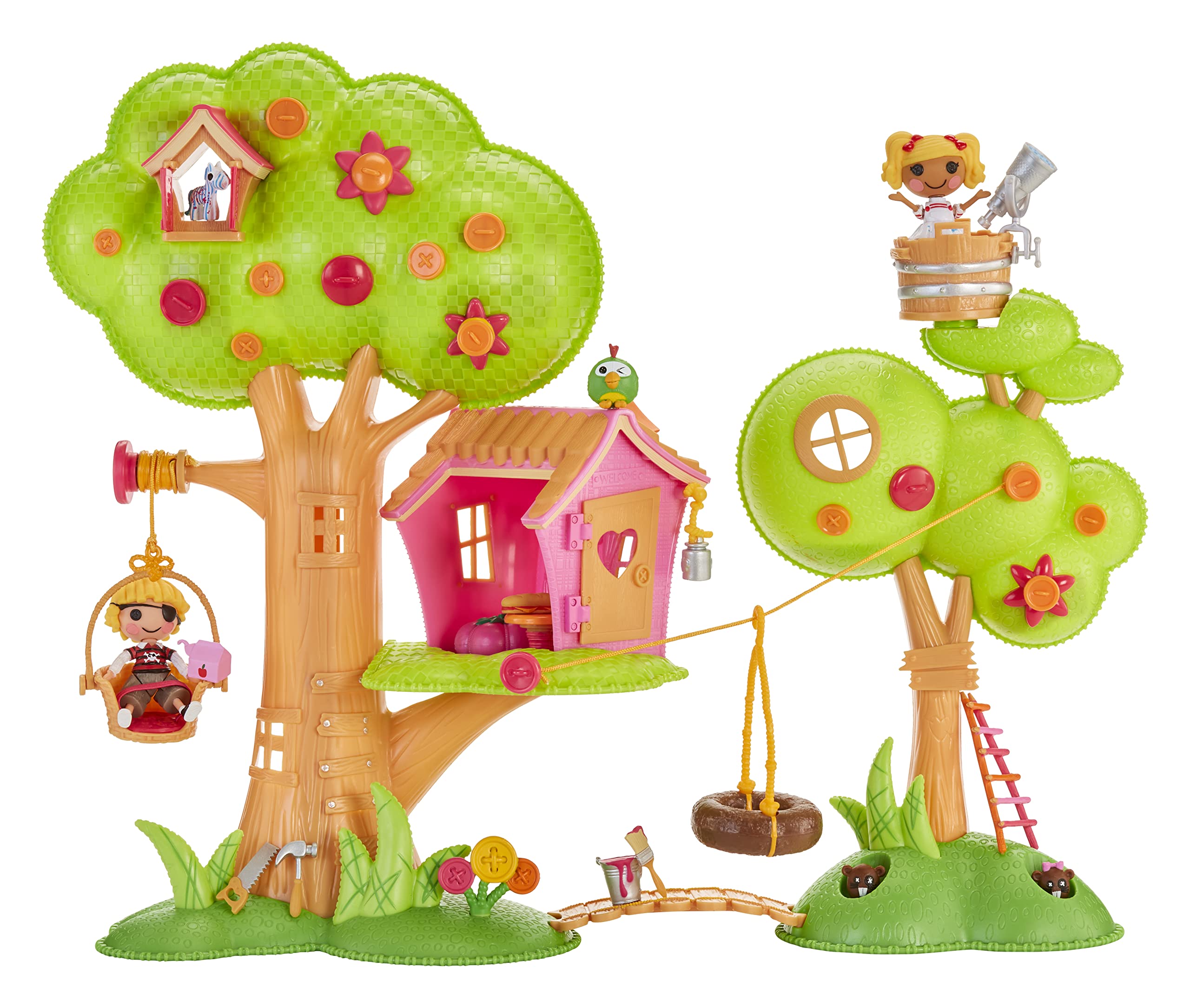 Lalaloopsy Mini Treehouse Playset with 2 Dolls, 2 Pets, and 18+ Accessories, Tire Swing, Zipline, Hammocks, Clubhouse, Artist Spot Splatter Splash™ & Pirate Patch Treasurechest™