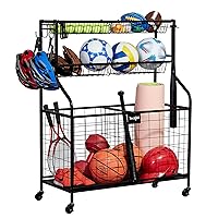 YES4ALL Garage Sports Equipment Organizer, Garage Ball Storage, Rolling Ball Storage for Indoor/Outdoor Use, Steel, Black