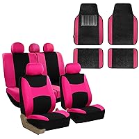 Light & Breezy Cloth Seat Full Car Seat Covers (Airbag & Split Ready) with Carpet Floor Mats- Universal Car, Truck, SUV, or Van (Pink/Black) FB030115
