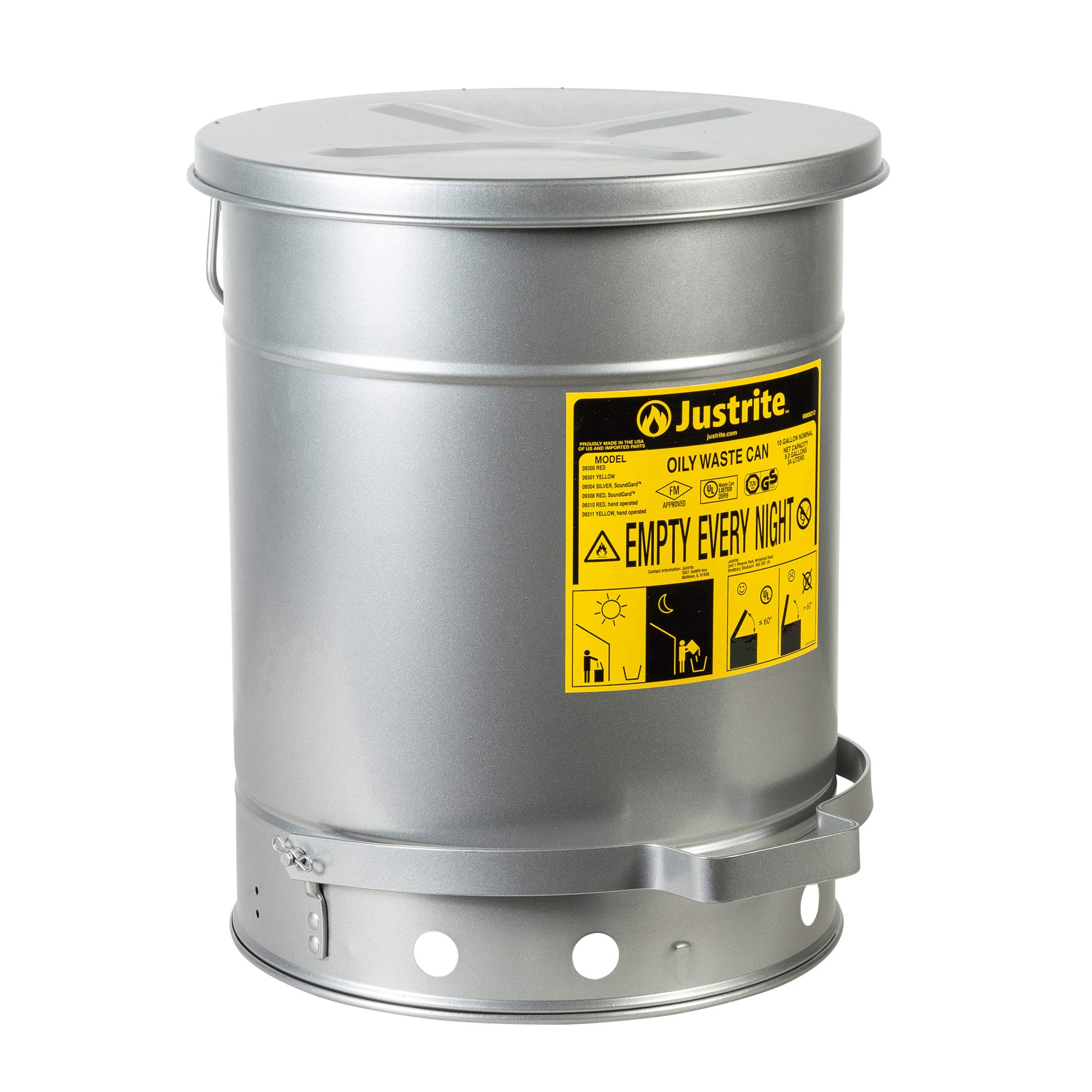 Justrite 09304 SoundGuard Galvanized Steel Oily Waste Safety Can with Foot Operated Cover, 10 Gallon Capacity, Silver