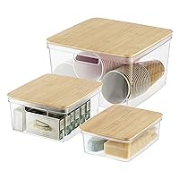 Oggi Clear Stackable Storage Bin with Bamboo Lid, Set of 3 - Ideal for Kitchen, Pantry, Cabinet, Bathroom, Bedroom, Kids, Refrigerator. With Handles & Lid - Organizer for Snacks, Toys, Crafts