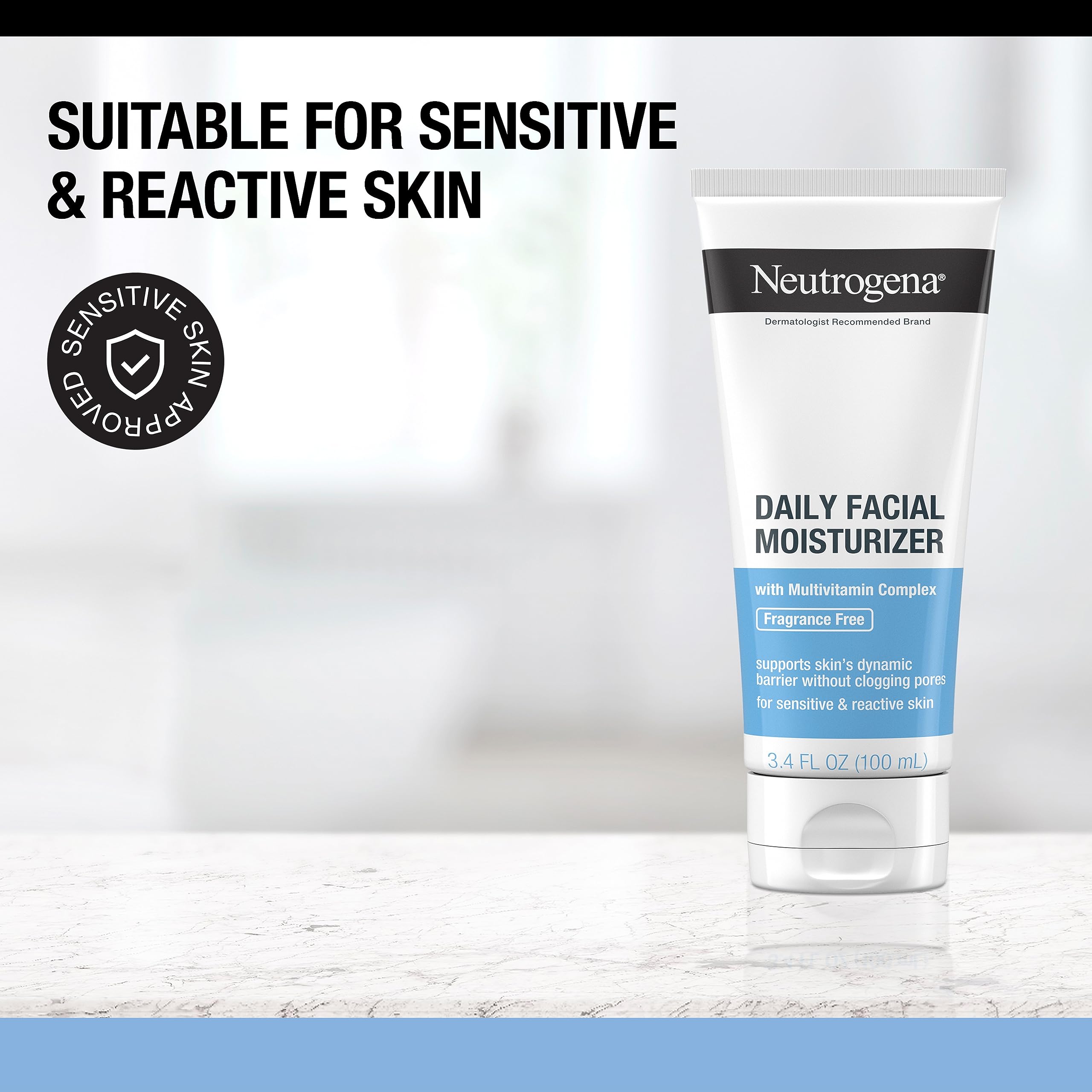 Neutrogena Fragrance Free Daily Facial Moisturizer, Face & Neck Moisturizer for Sensitive Skin with Vitamin B3, Pro-Vitamin B5 & Vitamin E Supports Skin's Dynamic Barrier, 3.4 fl. oz