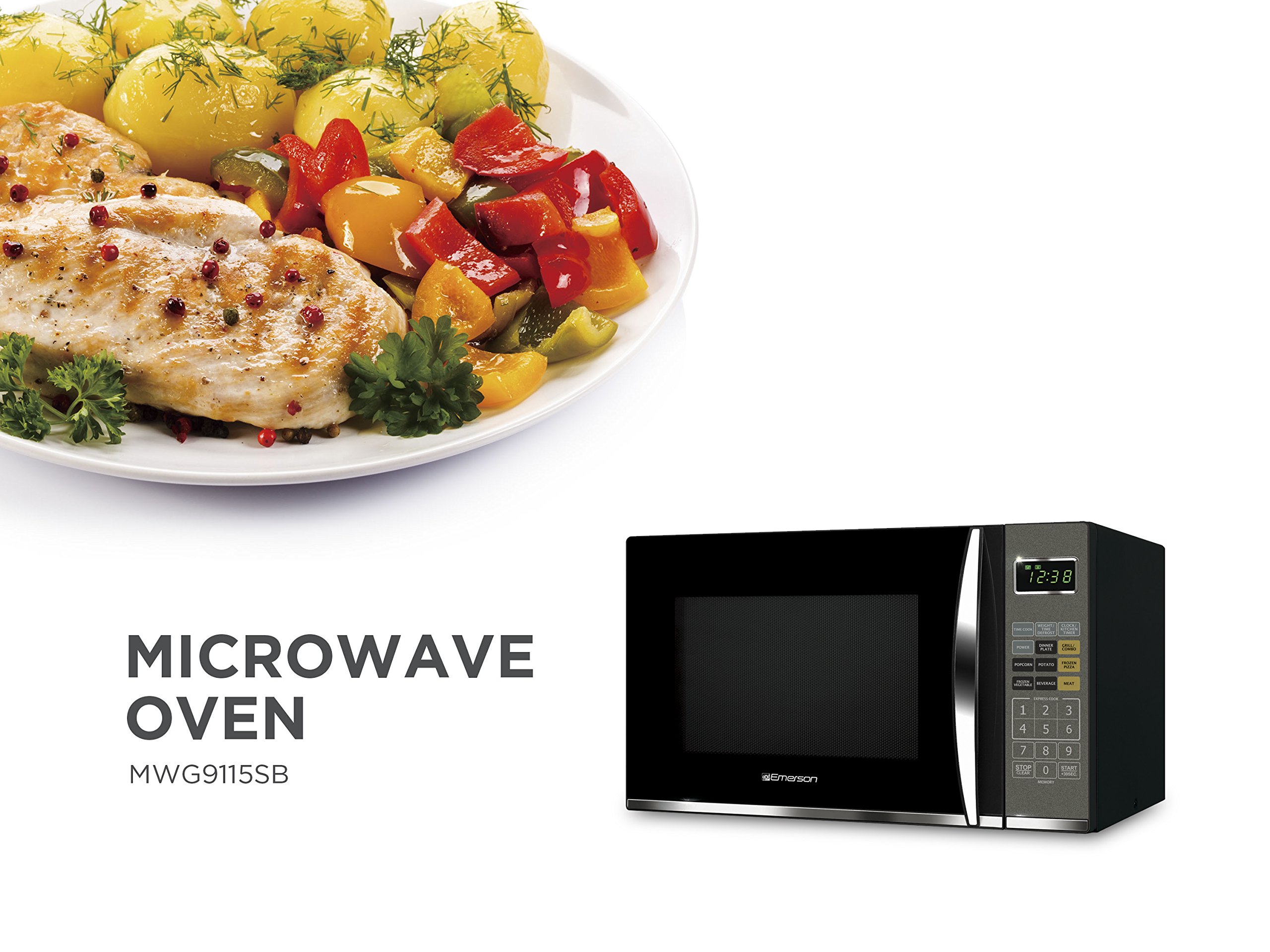 Emerson MWG9115SB-N Microwave Oven with Griller, Timer & LED Display 1100W, 11 Power Levels, 9 Pre-Programmed Settings, Removable Glass Turntable with Child Save Lock, 1.2 Cu. Ft, Stainless Steel