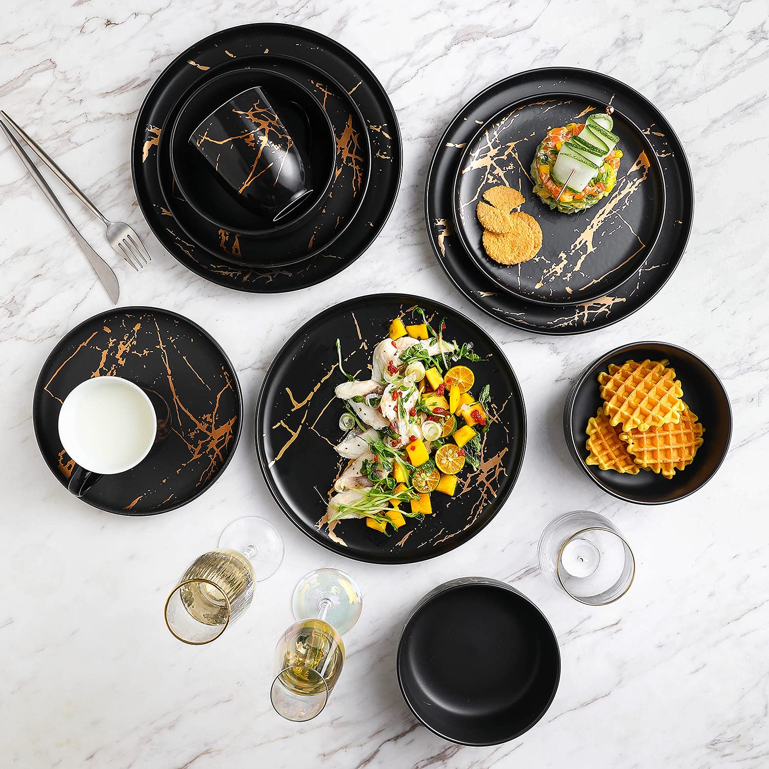 Stone Lain Modern Gold Splash Exquisite Fine China Dinnerware Set, 16 Piece - Service for 4, Black & Gold