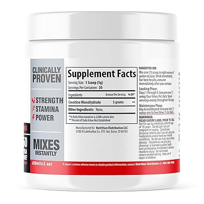 AX Pure Creatine Powder - Micronized Creatine Monohydrate - Vegan Friendly Pre Workout for Women & Men (50 Servings / 250 Grams)