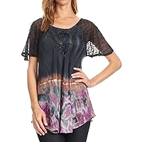 Sakkas Clarice Petite Raglan Lace Up Tie Dye Blouse with Embroidery and Sequins