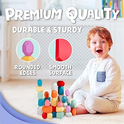 BUNMO Stacking Rocks 40pcs | Safe for Ages 1+ | Montessori Toys for 1 Year Old | Stacking Blocks for Kids 1+ | Stimulating Creative & Imaginative Play | Hours of Fun | Sensory Toddler Toys
