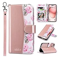 ULAK Compatible with iPhone 15 Wallet Case for Women, Premium PU Leather Floral Flip Cover with Card Holder, Kickstand Feature Protective Purse Case for iPhone 15 2023 6.1 Inch, Rose Gold